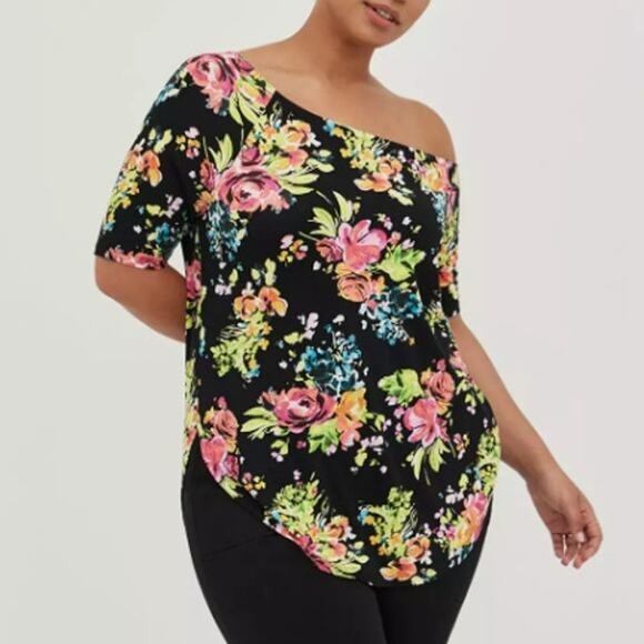 New Torrid Womens 2X Tunic Tee Floral Off-Shoulder Super Soft Short Sleeve - Picture 1 of 7